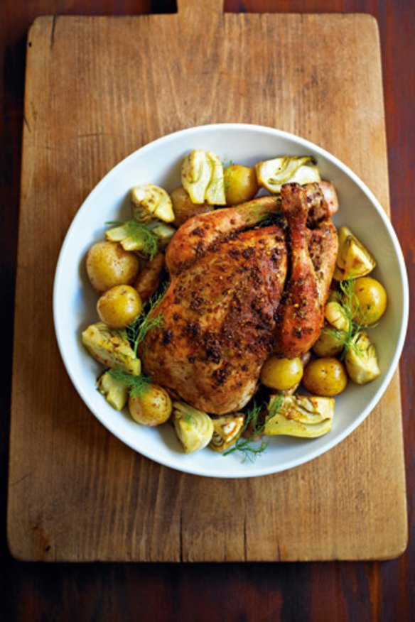 Roast chicken with fennel and potatoes.