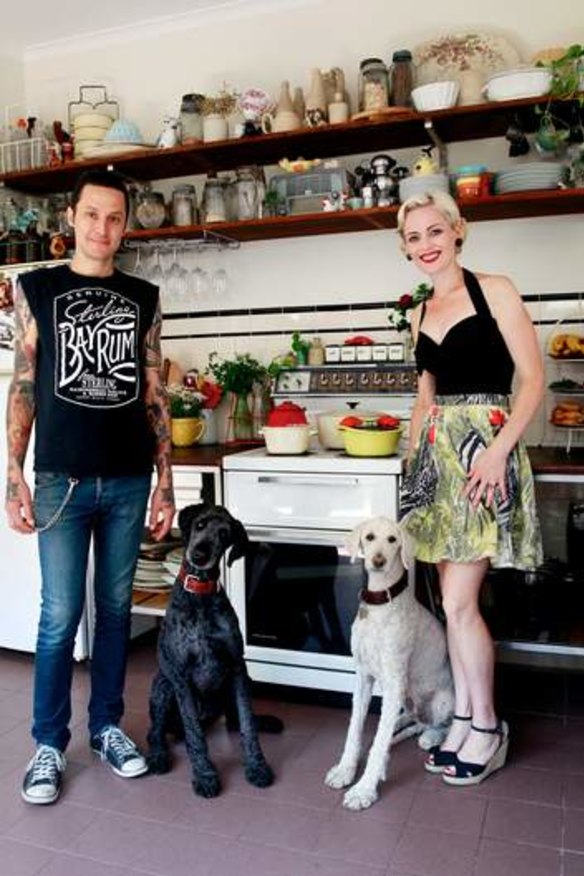Elvis Abrahanowicz and Sarah Doyle of Porteno with their poodles Buddy and Marcel.