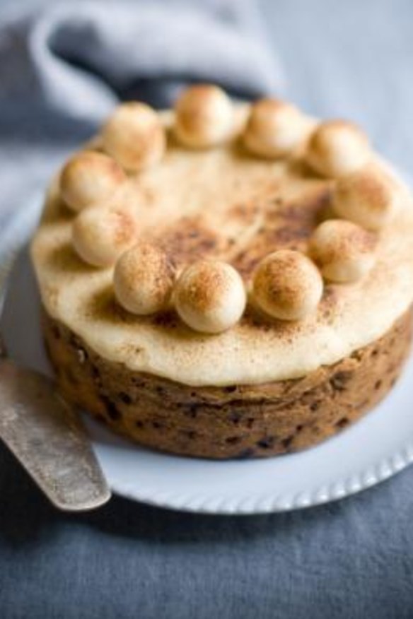 Traditional English simnel cake decorated with torched marzipan from Phillippa's bakery in Melbourne. 