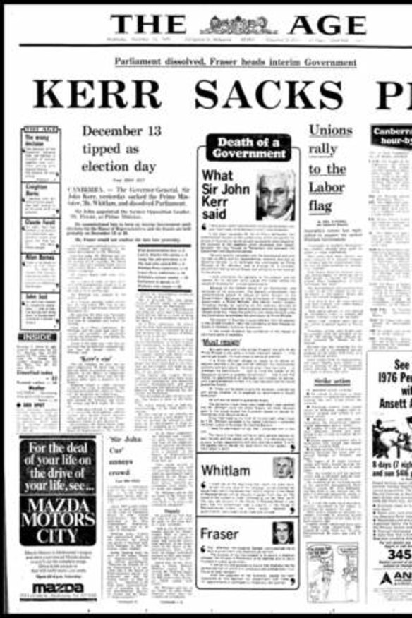 Front page of The Age newspaper from Wednesday 12 November 1975.