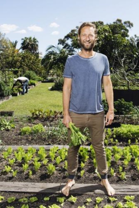 Justin Hemmes in his vegetable garden.