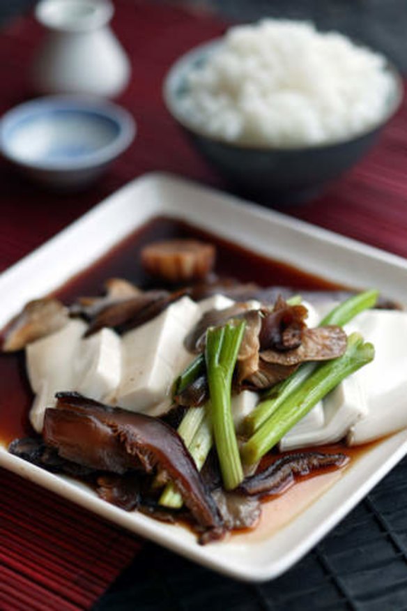 Soy-braised shiitake mushrooms with silken tofu.