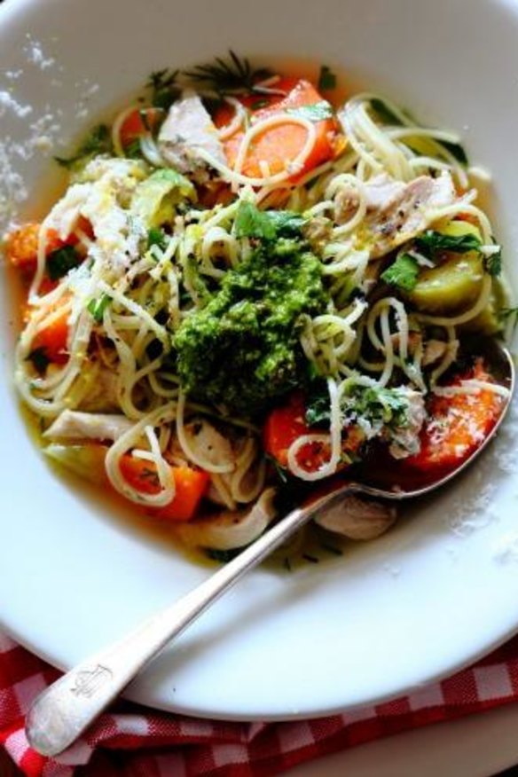 Italian chicken noodle soup with pesto.
