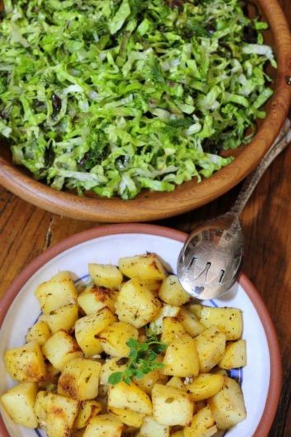 Cos lettuce, spring onion and dill salad with roasted lemon potatoes.
