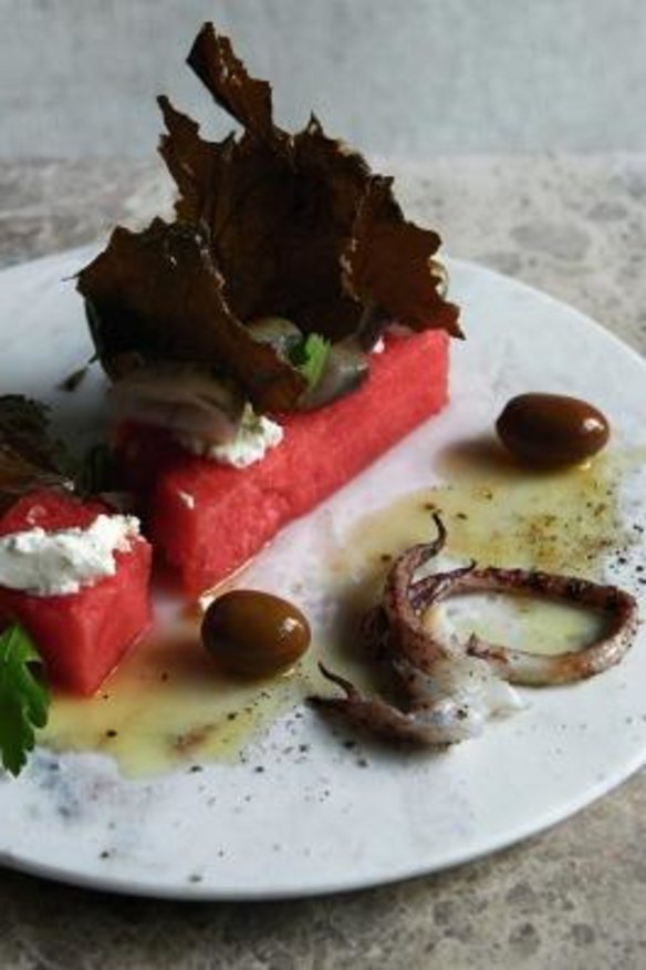 Grilled calamari, watermelon, olives, goat's curd, crispy vine leaves.