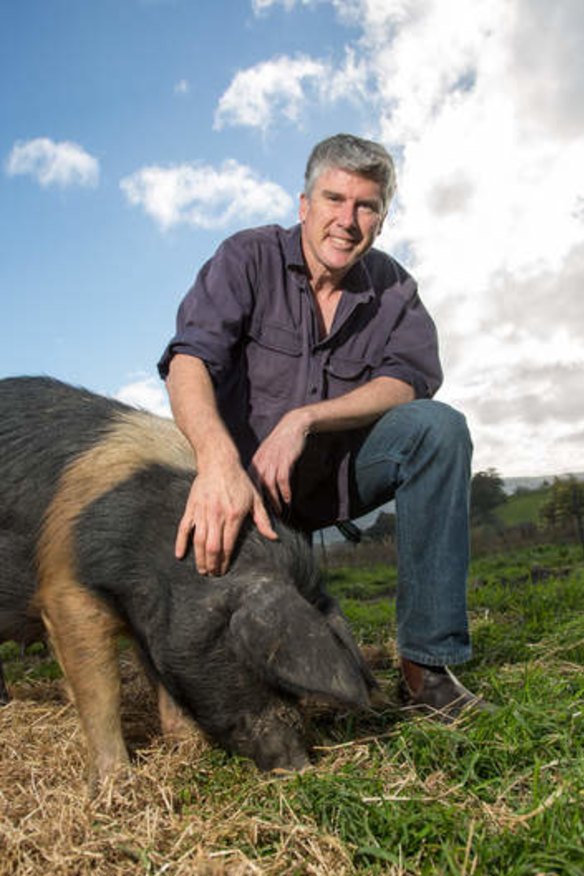 "When consumers found pork dry and tasteless, the industry just starting injecting it with salty water. Goodbye flavour, hello profit." ... Matthew Evans at his farm near Cygnet in southern Tasmania.