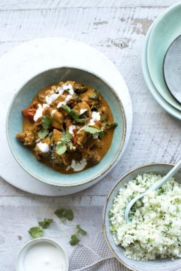 Chicken and spinach tikka masala with buttered lemon cauliflower rice.