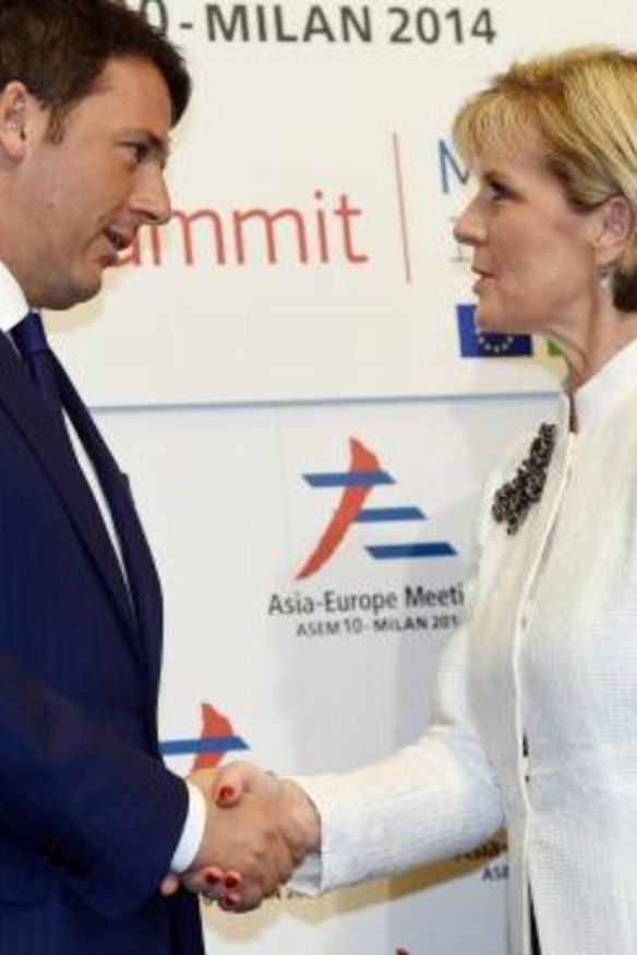 Australian Foreign Minister Julie Bishop (right) is welcomed by Italian Prime Minister Matteo Renzi.