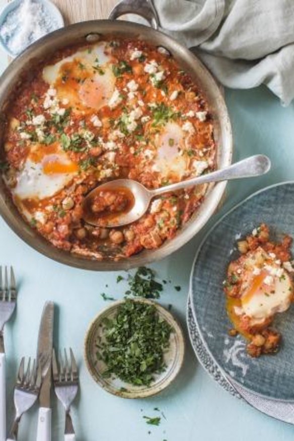 One-pan Turkish eggs and chickpeas in smoky tomato sauce.