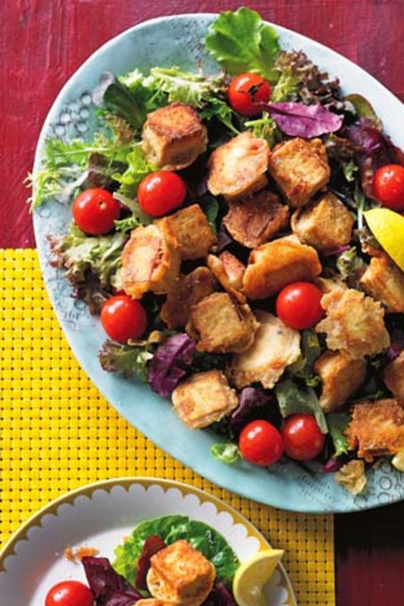 A vegan twist on fish 'n' chips ... Beer-battered tofu salad.