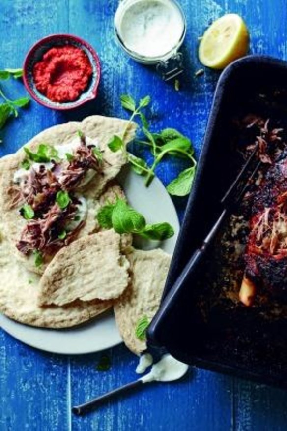 Slow-roasted lamb shoulder with harissa.