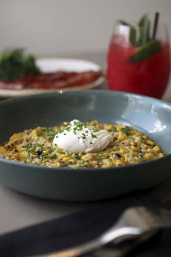 Fregola, creamed corn and poached egg.