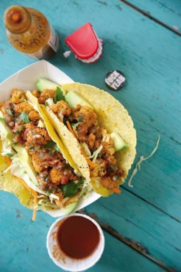 Roasted beer and lime cauliflower tacos.