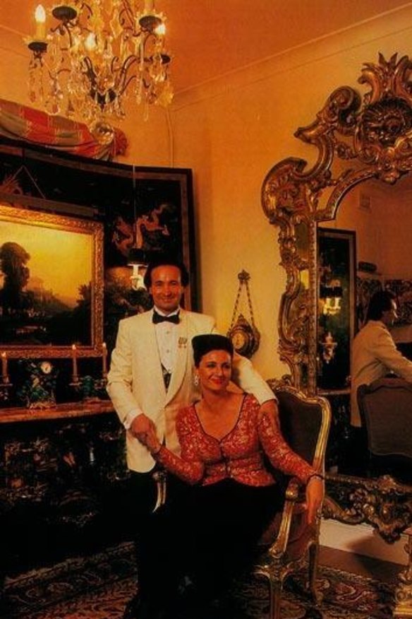 Prince Giustiniani and his fiancee in a regal pose amid the splendours of his Woolloomooloo house. "Home is a very middle-class concept," he says.