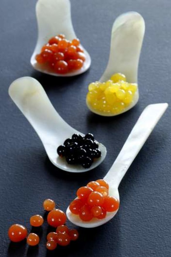 Add pop with pearls; try yellow (orange juice and Cointreau), red (tomato and vodka), or black (soy and mirin).