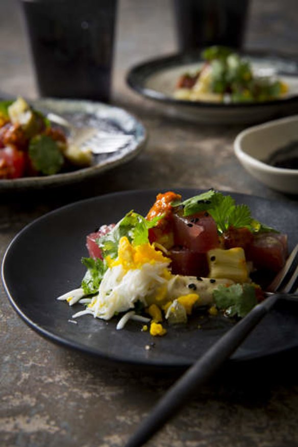 Tuna crudo with roasted eggplant, egg, harissa and cumin mayonaise.