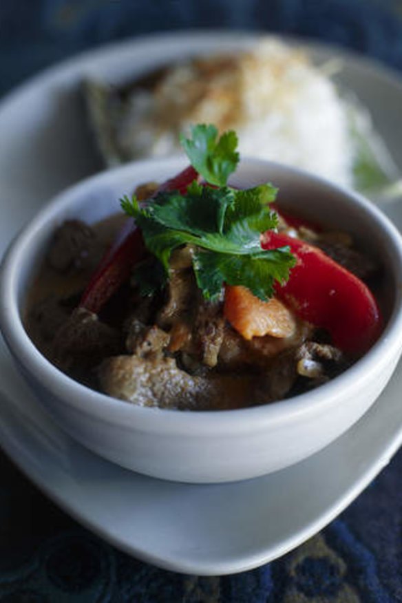 Red curry beef with coconut rice.