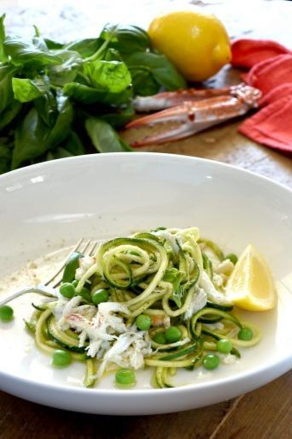 Jill Dupleix's zucchini "spaghetti" with crab, peas and lemon.