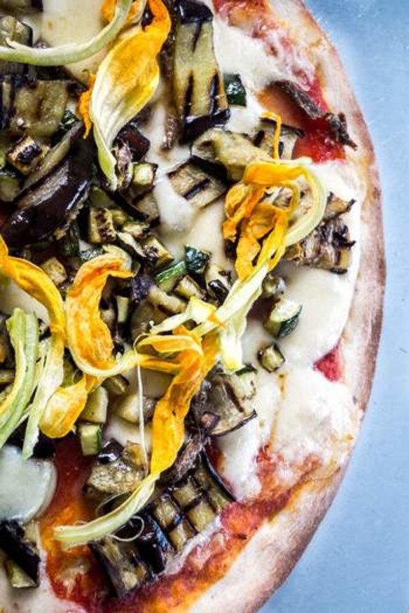 Eggplant and zucchini flower pizza.