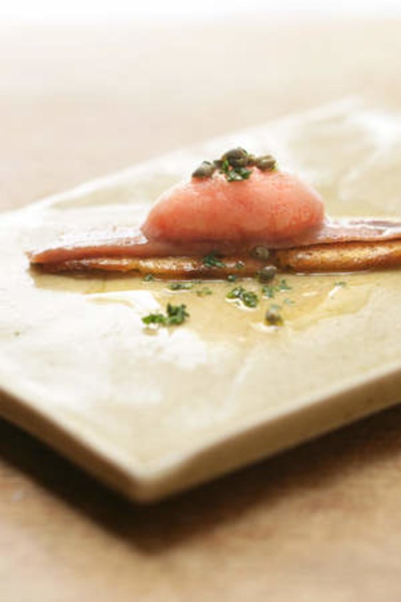 MoVida's anchovy with tomato sorbet.