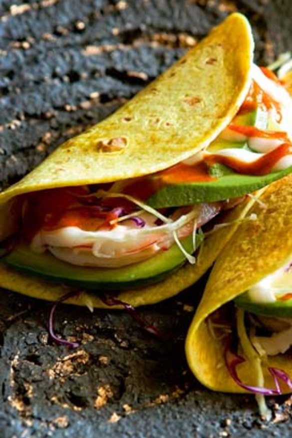 Avocado, prawn and chilli tacos.