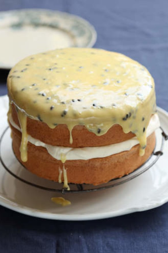 Sponge cake with passionfruit icing.