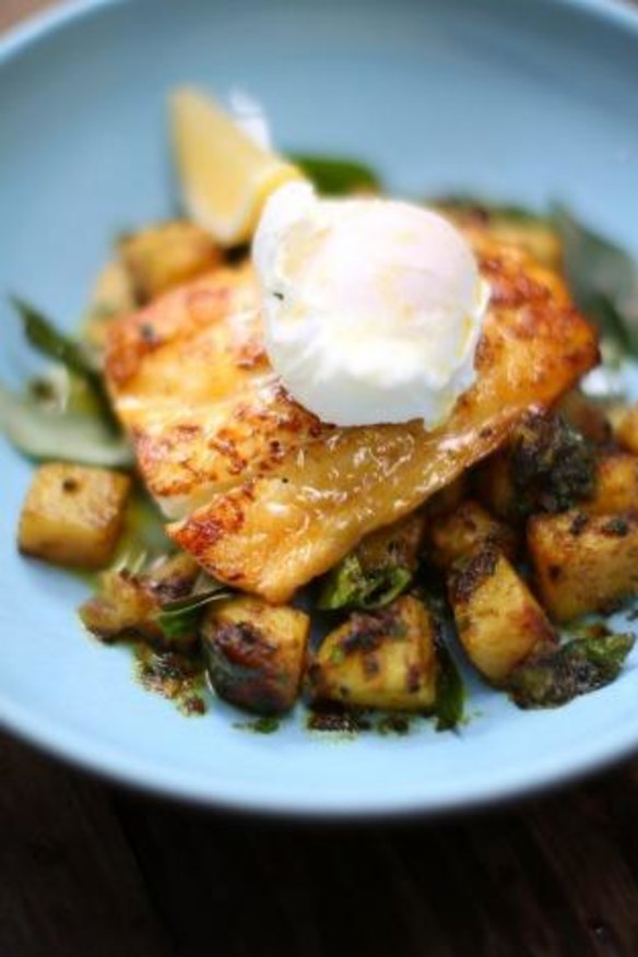 Haddock, spicy potatoes and poached egg at Gun Shop cafe, West End.