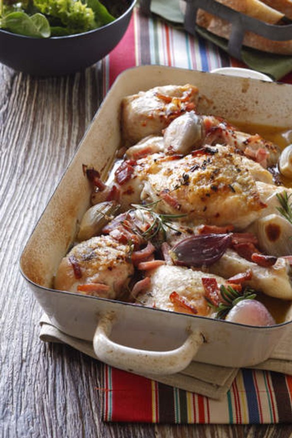 Quick roast chicken with white wine and shallots.