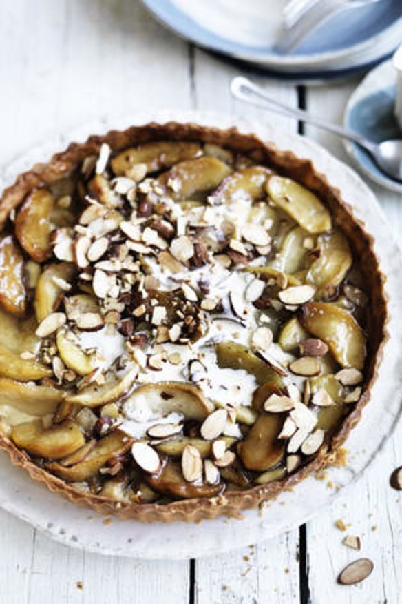 Apple tart with tahini almond filling with Aperol custard (top right).