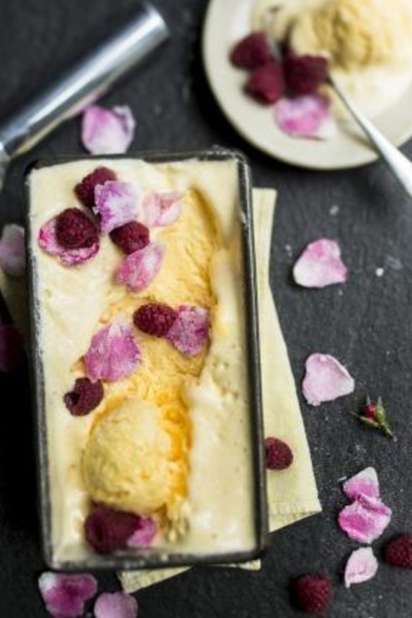 Lemon myrtle semifreddo with candied rose petals  from <i>Planet to Plate, the Earth Hour cookbook</i>..