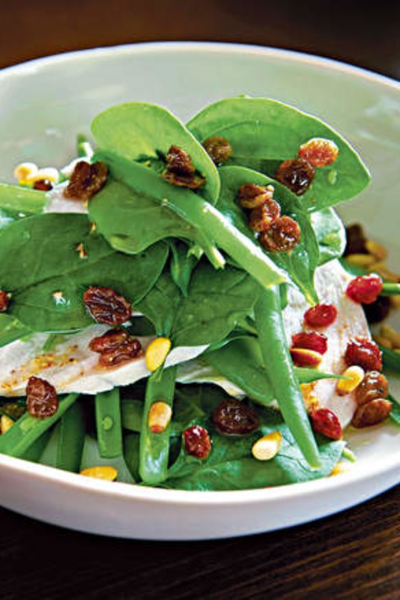 Light lunch: Warm chicken and spinach salad.