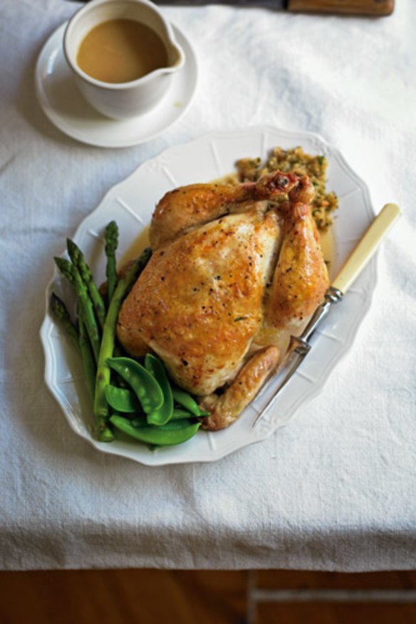 Roast chicken with stuffing and gravy.
