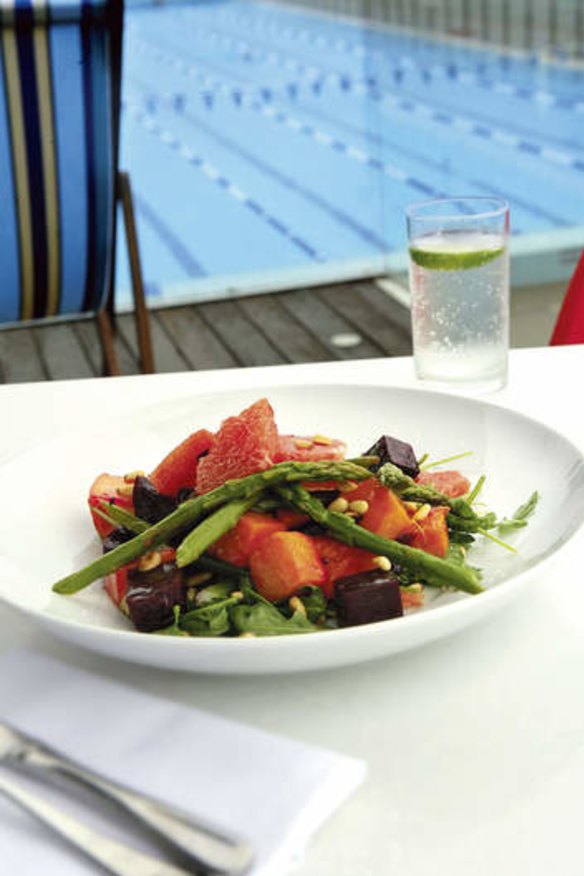 Roast beetroot, pumpkin and asparagus salad with toasted pinenuts and grapefruit vinaigrette at the Poolside Cafe, Sydney.