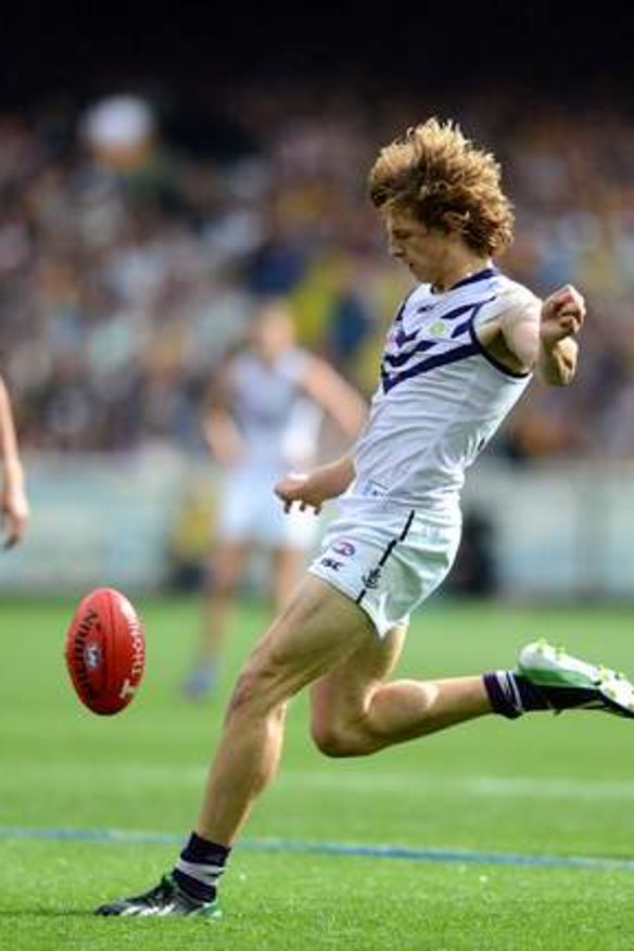 Oh no: Nat Fyfe misses a relatively easy chance on Saturday.