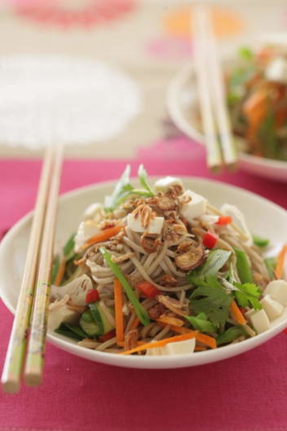 Japanese buckwheat noodle salad with tofu and soy-chilli dressing