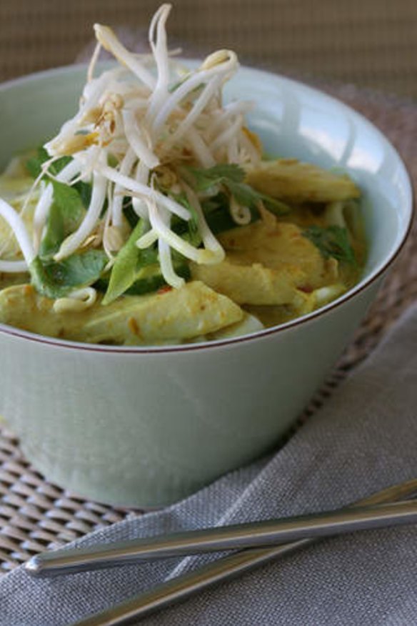 Spicy chicken laksa with rice noodles.