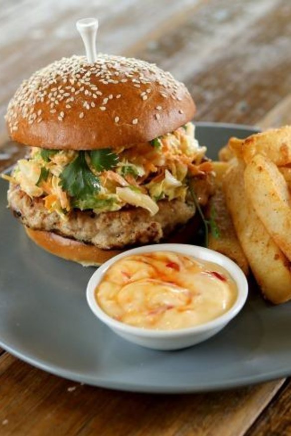 Golf tee-spiked Thai chicken burger at Mister Fox at Ringwood Golf Club.