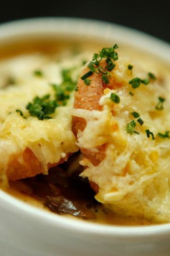 The onion soup with gruyere croutuons.