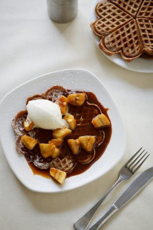 Dangerously good: Chocolate waffles with caramel bananas and cinnamon cream.