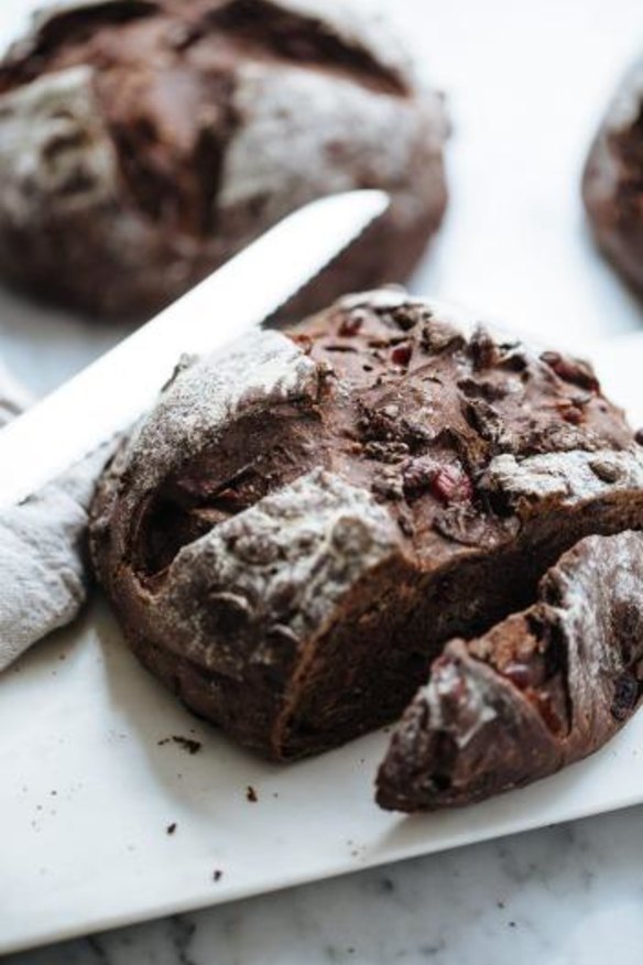 Chocolate cranberry hot cross bun loaf.