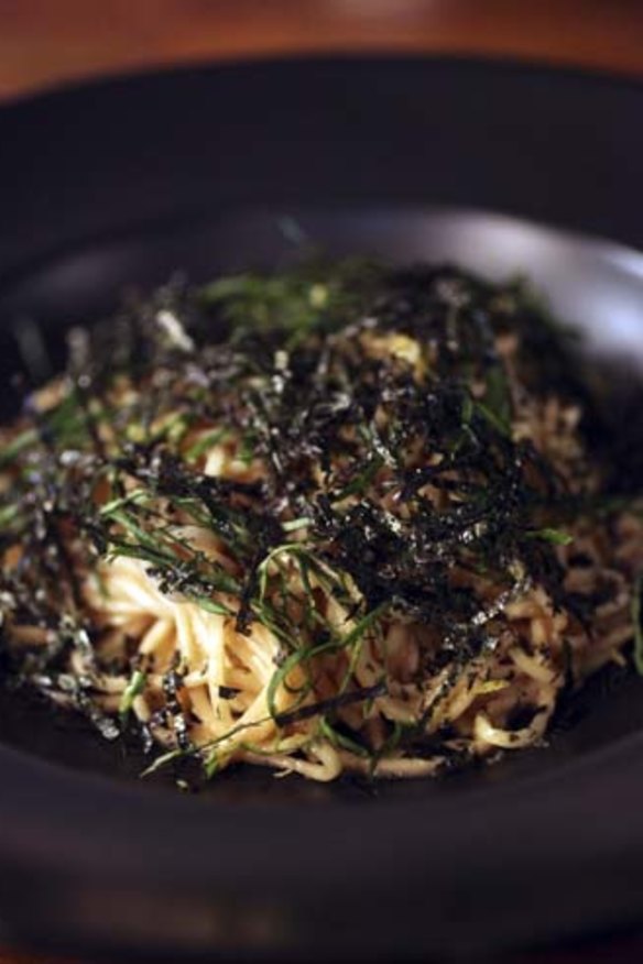 Spaghettini with mentaiko, nori seaweed, fresh basil and lemon zest.