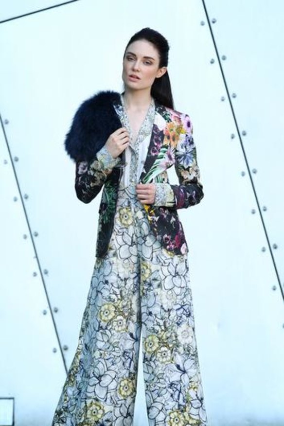 Swash floral shirt, $850, and pant, $950, from Christine; Lisa Ho flower basket print blazer, $629. Marcel Danan blue fur cape, inquiries to Christine.