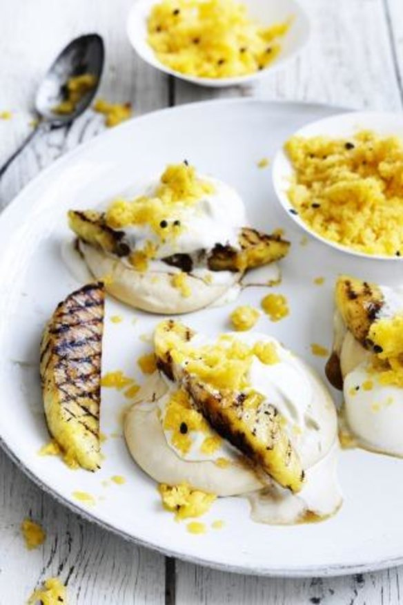 Tropical pavlova: Palm sugar meringue and grilled pineapple with mango passionfruit granita.