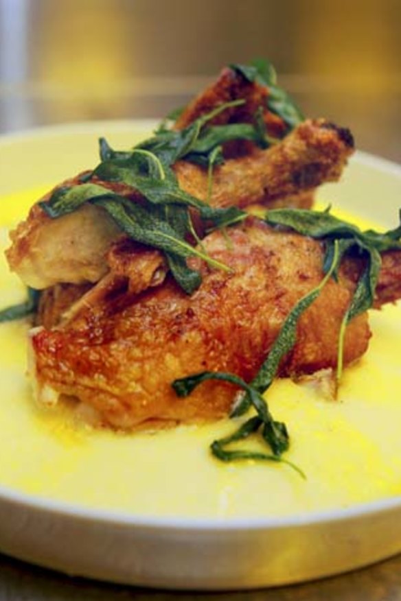 Roast farm chook with polenta and sage butter.
