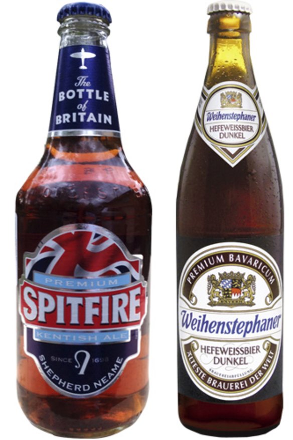 Shepherd Nature Premium Spitfire Kentish Ale ($9), and Weihenstephaner Hefeweissbier Dunkel ($6).