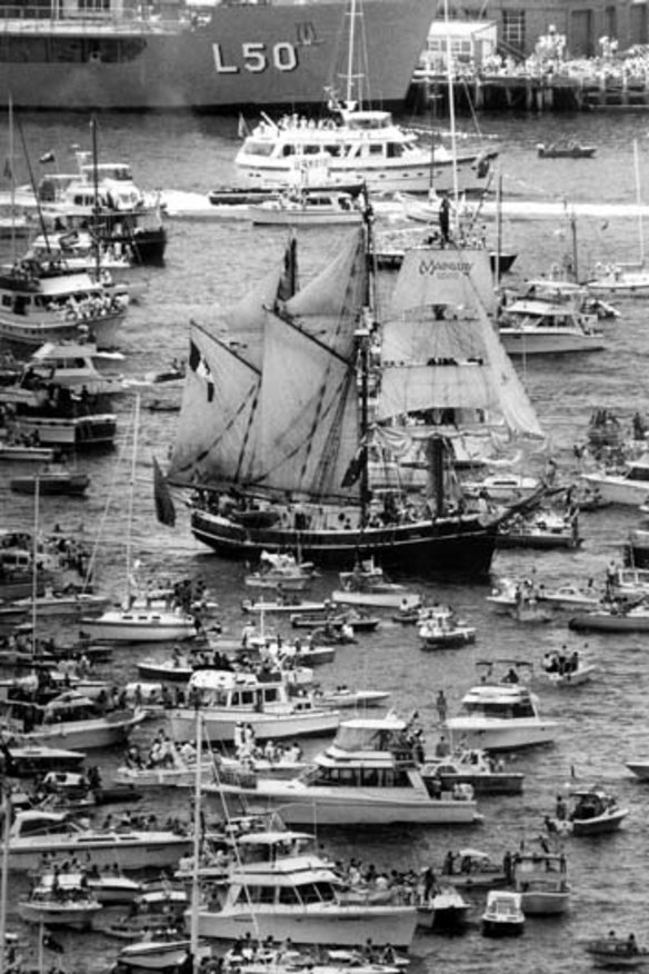 There she blows … a tall ship sails into the harbour during Bicentenary celebrations.
