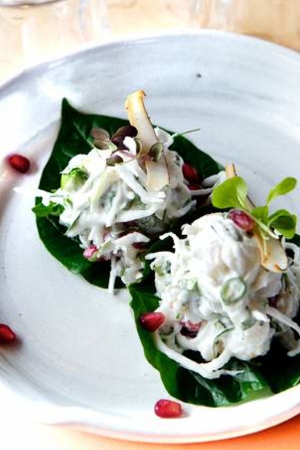 Uncle's hapuku betel leaf with chilli coconut and pomegranate.