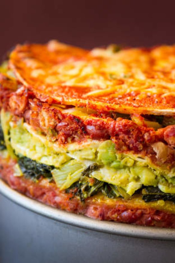 Layered Mexican nacho cake.