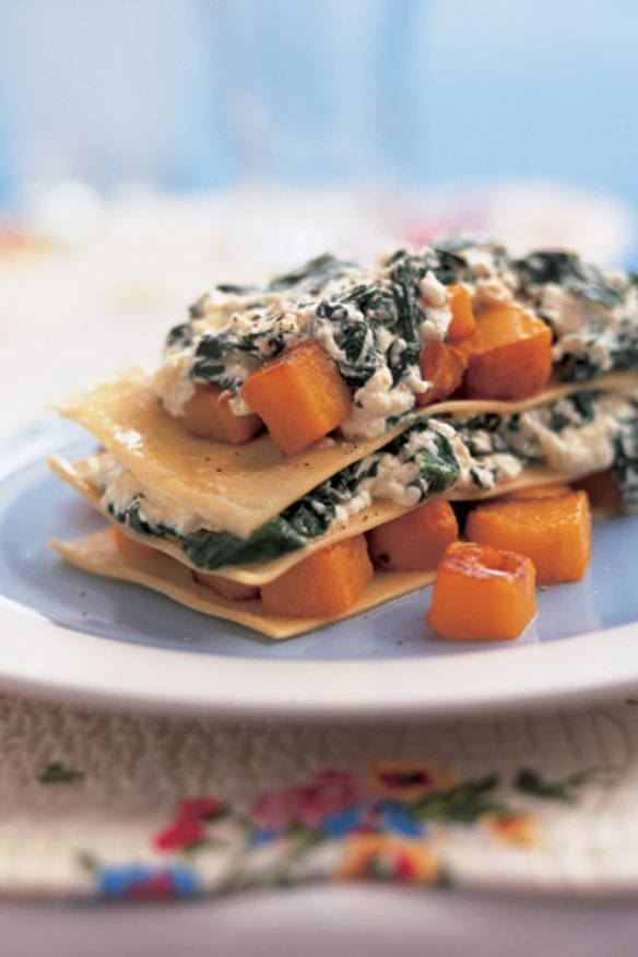 Freeform pumpkin, spinach and ricotta lasagne.