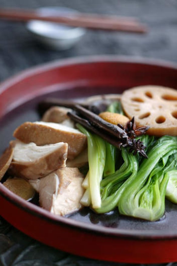 Traditional: Soy-braised chicken with bok choy and lotus root.